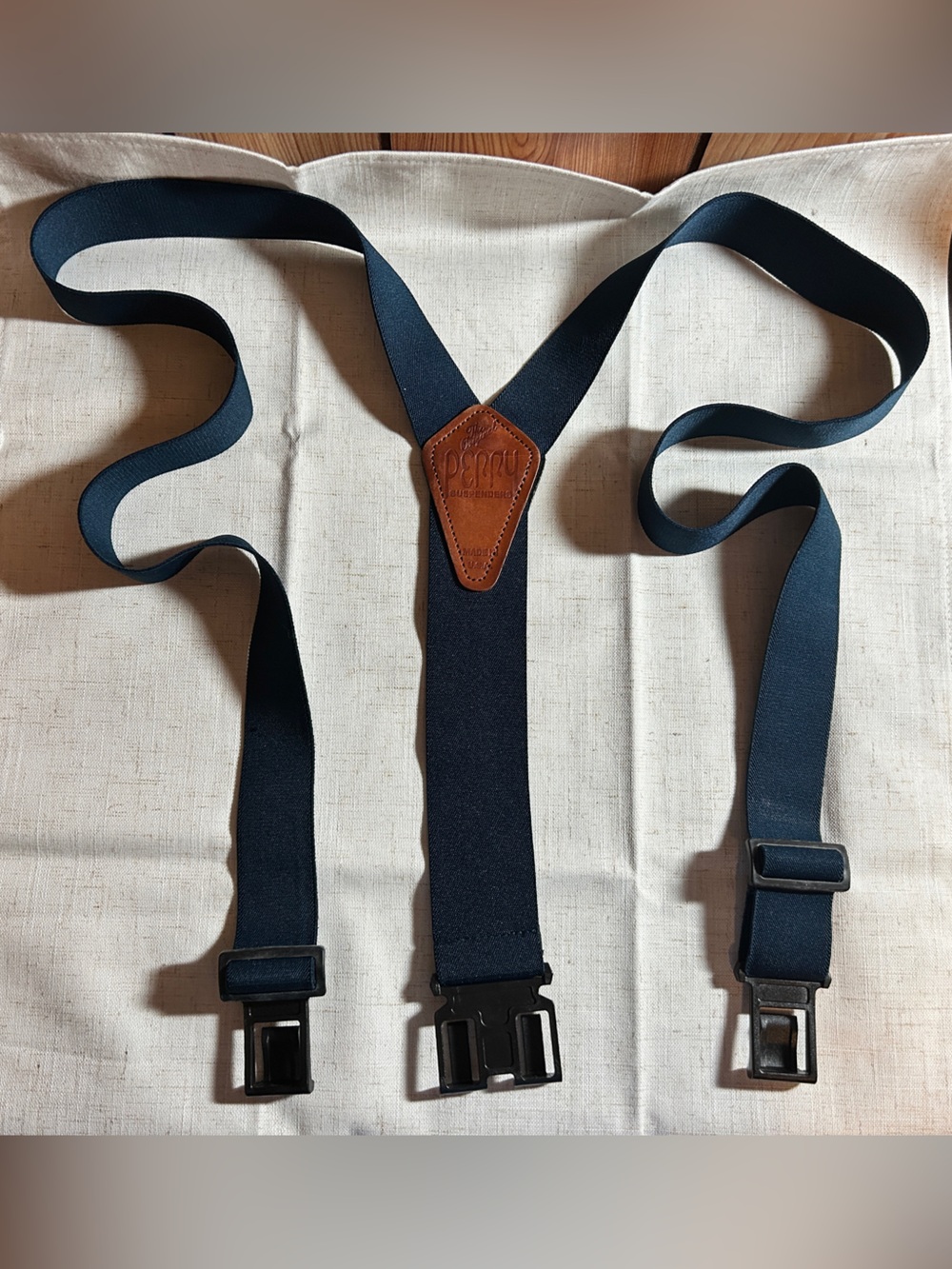 Vintage Sperry blue navy Elastic Suspenders with Brown Leather logo Y-Back